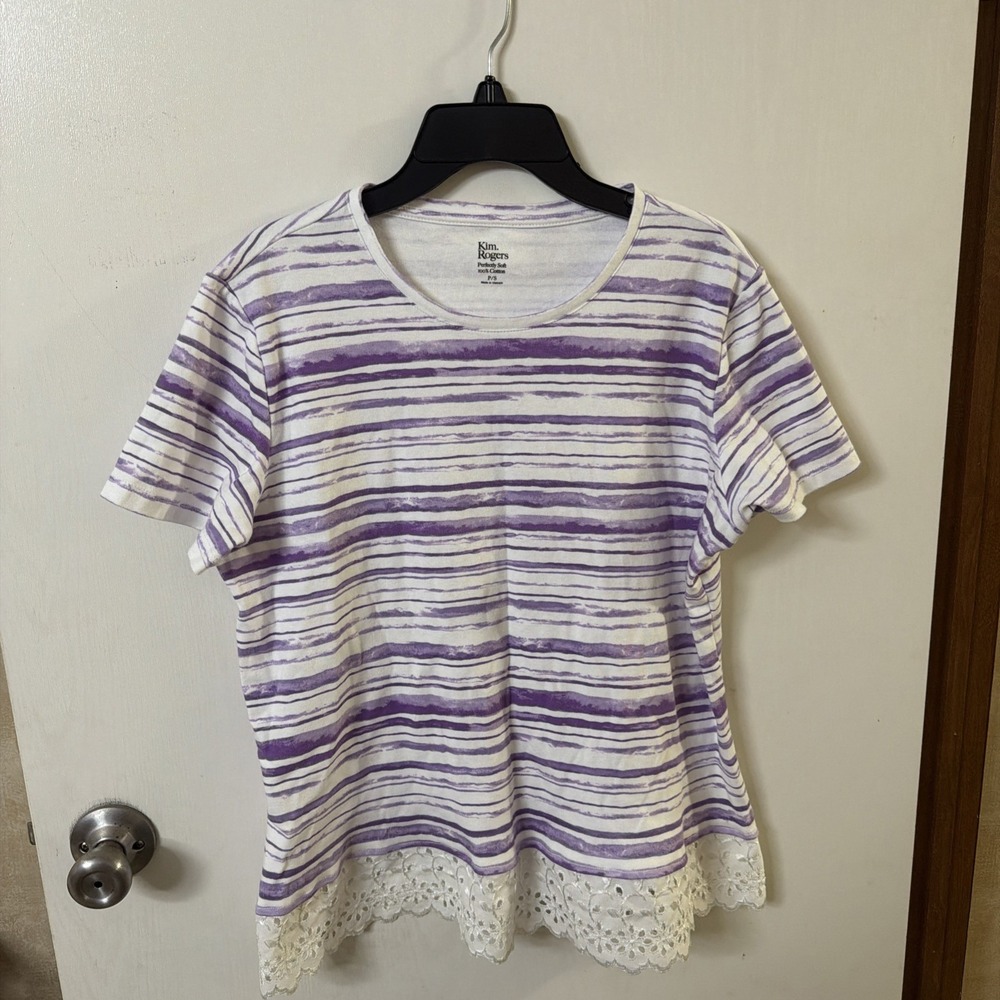 Kim Rogers White and Purple Striped Short Sleeve Tee Size P/S